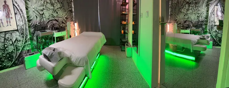 Masážní místnost s tapetou s liliemi – masáže Praha 4 Braník